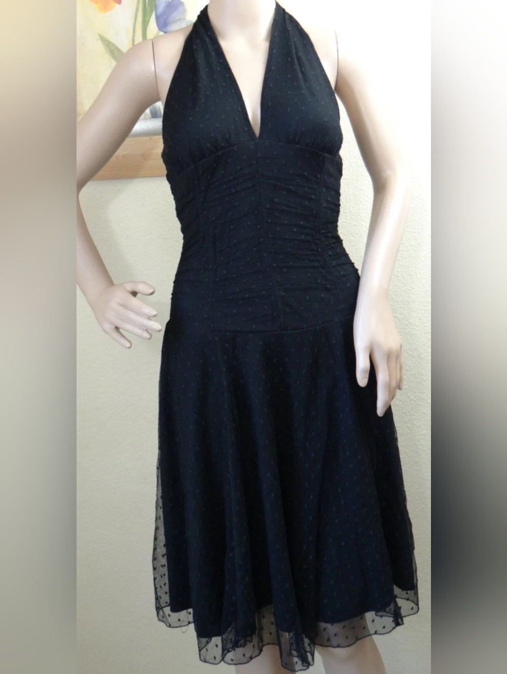 VINTAGE Necessary Objects Black Halter Dress, Swiss Dot Mesh Overlay, Ploka-Dot